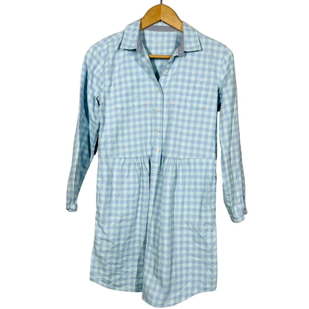 Vineyard Vines Girls Checker Dress Long Sleeve Casual Button - 14